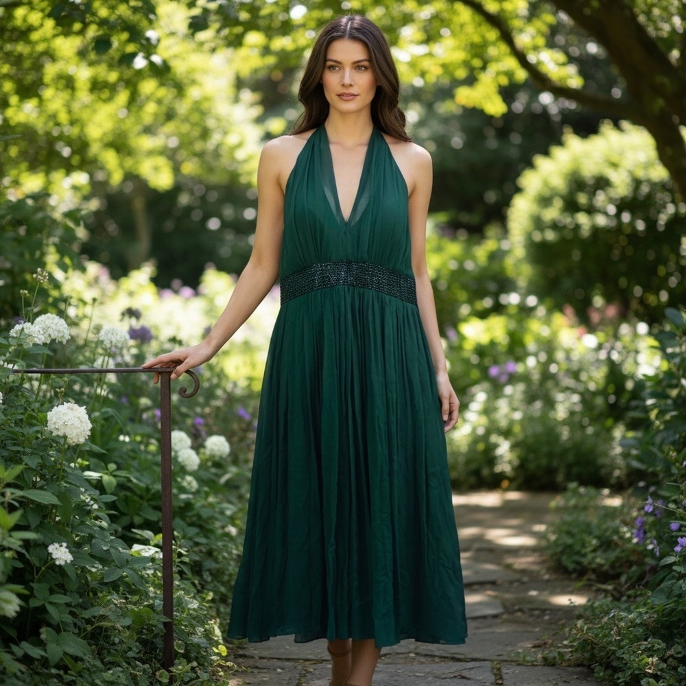 Maggy London Green Crepey Halter Beaded Gown Dress